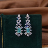 Rectangular Green Zircon Flower Tassel Drop Earrings